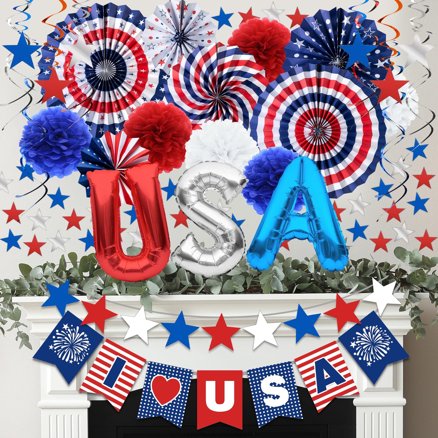 DMIGHT 4th of July Decorations, 33PCS Patriotic Memorial Day Decorations Set with Banner, USA Balloons, Paper Fans, Star Streamer, Hanging Swirls, Paper Pom Poms for Fourth of July Red White and Blue