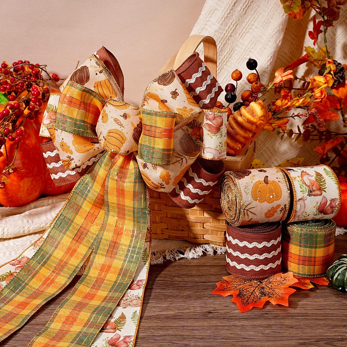 LaRibbons Fall Burlap Plaid Ribbon Wired 2 1/2" x 6 Yards 4 Rolls, Animal Park Ribbon for Autumn Wreath Thanksgiving Christmas Farm Gift Wrapping Home Decor