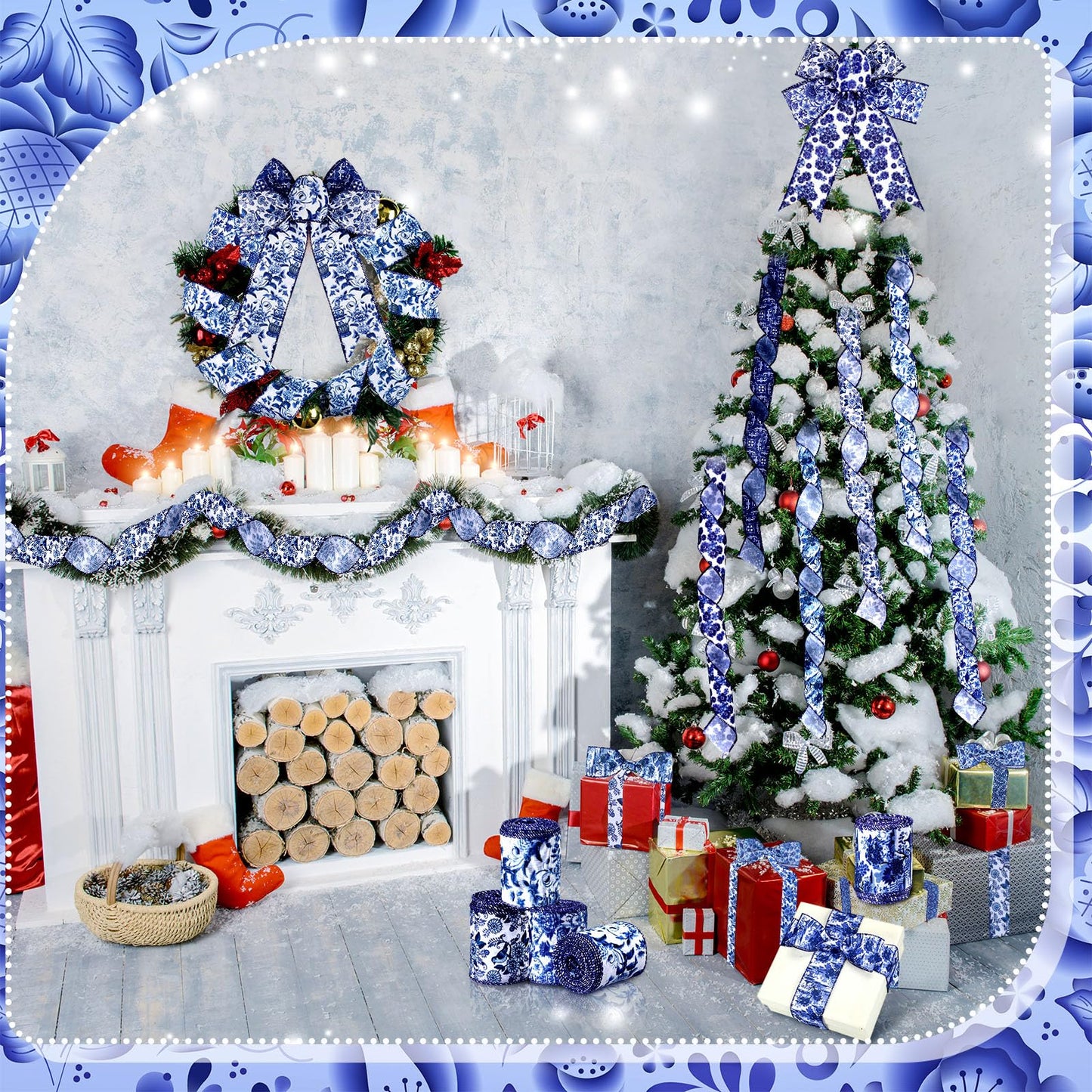 6 Rolls Christmas Chinoiserie Ribbon White and Blue Wired Edge Floral Ribbon Butterfly Flower Pattern Fabric Craft Wreath Bow Wrapping 2.52 Inches by 5 Yards