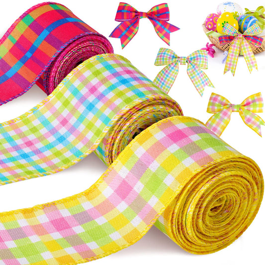 15 Yards Easter Plaid Ribbon 3 Roll 2 Inch Pastel Wired Ribbon Spring Gingham Fabric Ribbon for Gift Wrapping DIY Craft Birthday Wedding Baby Shower