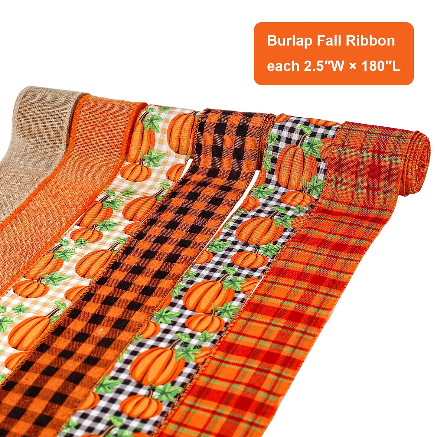 6 Rolls 30 Yards Fall Burlap Ribbon,2.5″W Buffalo Plaid Wired Edge Ribbon with Pumpkin Pattern Thanksgiving Theme Craft Ribbons Rustic Autumn Harvest Ribbons for Wrapping Gifts Making Wreath Bow