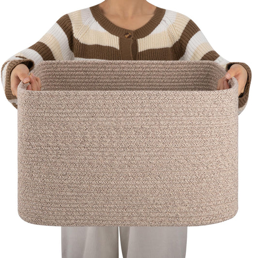 OIAHOMY Cotton Rope Basket, Rectangle Woven Nursery Blanket Basket, Toy Storage Basket with Handle, Baskets for Organizing, 18”x14”x12”, Brown variegated