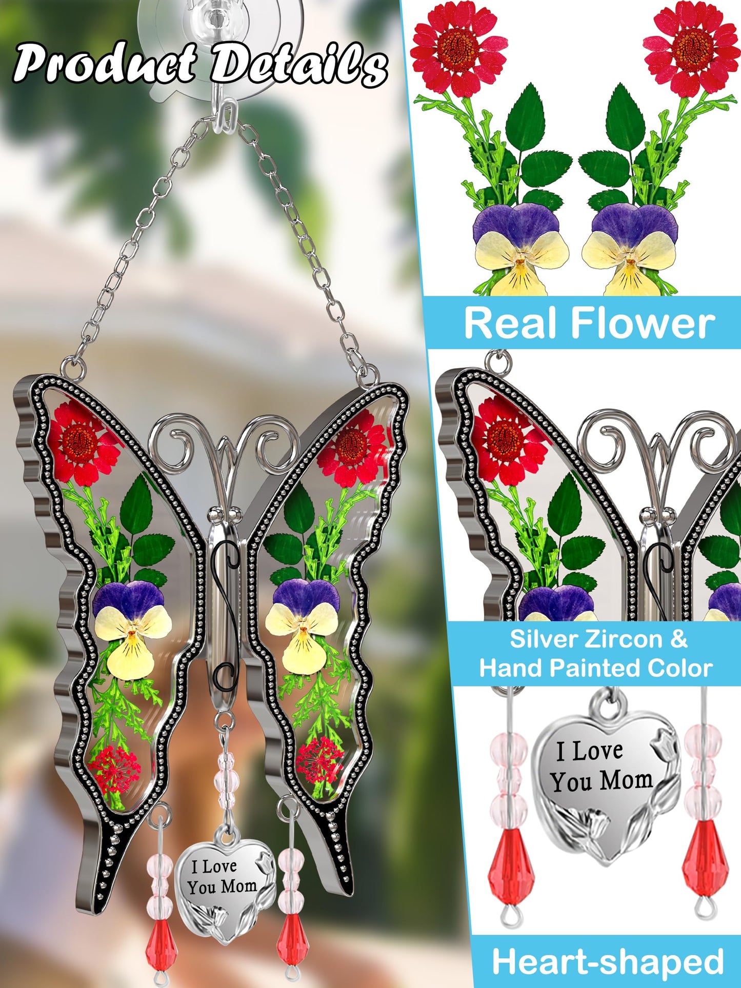 KY&BOSAM Gifts for Mom Butterfly Suncatcher I Love You Mom Stained Glass Sun Catcher Hanging for Window Wind Chime Pressed Dried Flowers Engraved and Metal Charm Mothers Day Valentine's Birthday Decor