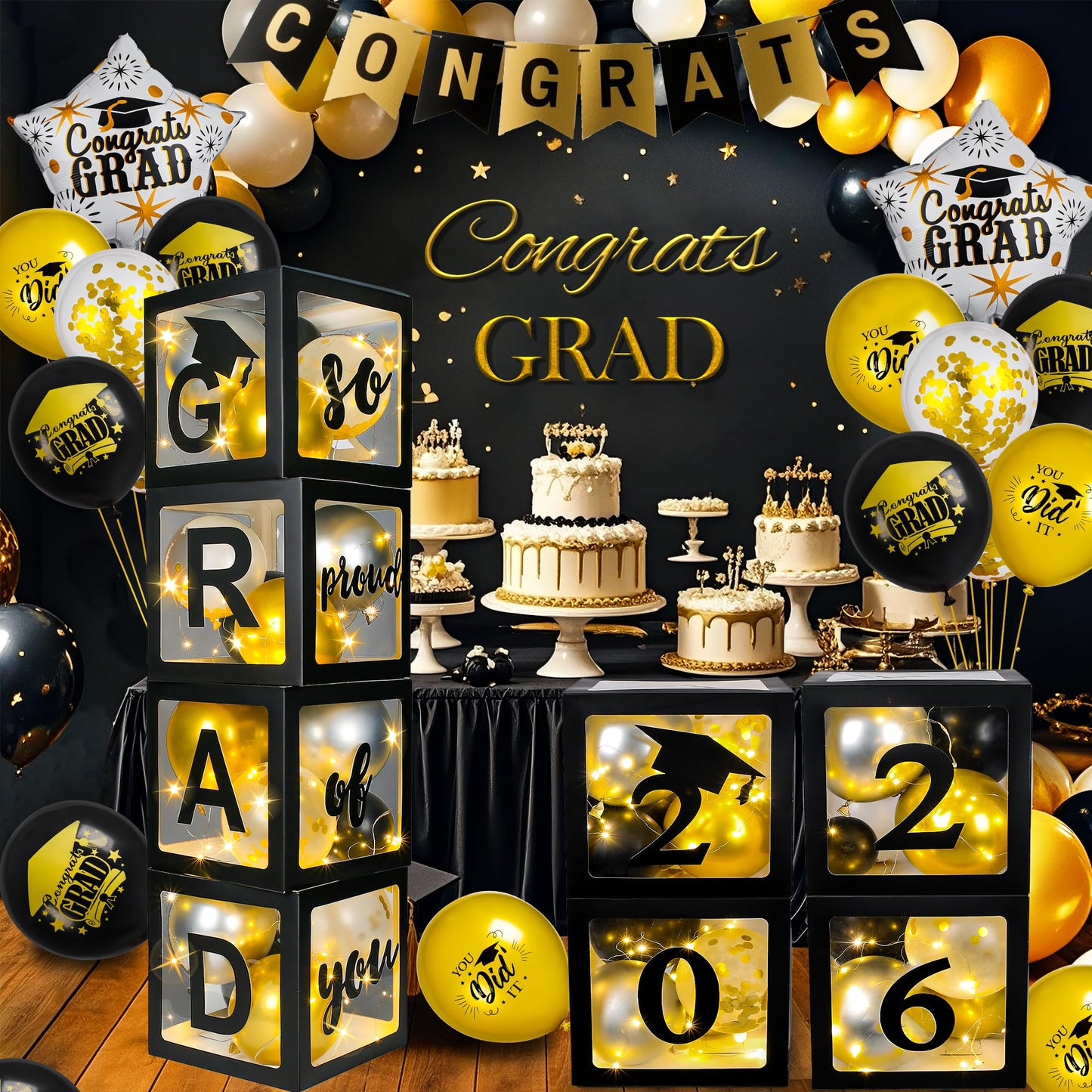 AYGXU Graduation Decorations 2026-Graduation Party Decorations,Graduation Balloons Boxes(4PCS) with LED Light Strings & Letters 2026 GRAD So Proud of You,Party Favors For Any Grades Class.