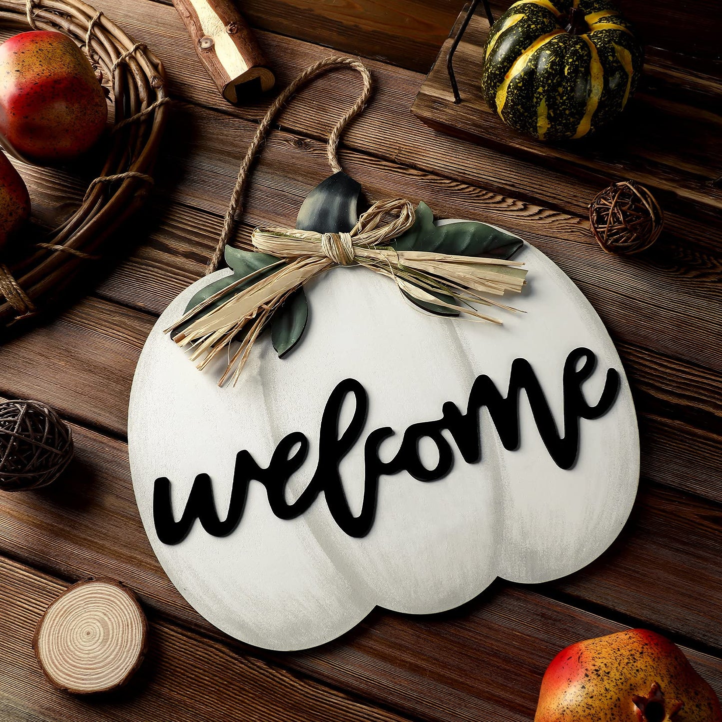 Jetec Fall Decor Pumpkin Welcome Sign Thanksgiving Door Hanger Wooden Pumpkin Decor Hanging Porch Sign for Autumn Harvest Thanksgiving Farmhouse Wall Decoration(White)