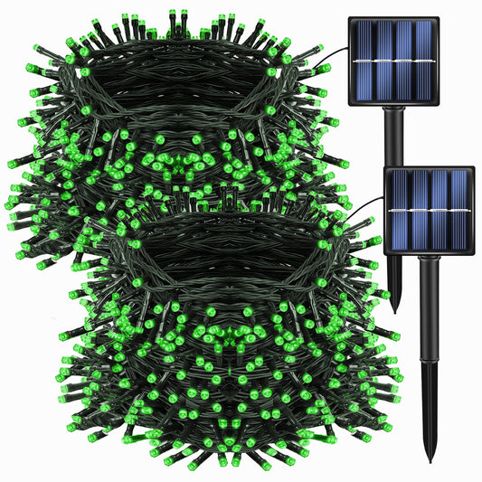 Dazzle Bright 2 Pack Total 400LED 132FT Green Christmas Solar String Outdoor Lights, St. Patrick's Day Solar Powered with 8 Modes Waterproof Fairy Lights for Patio Garden Tree Party Yard Decoration
