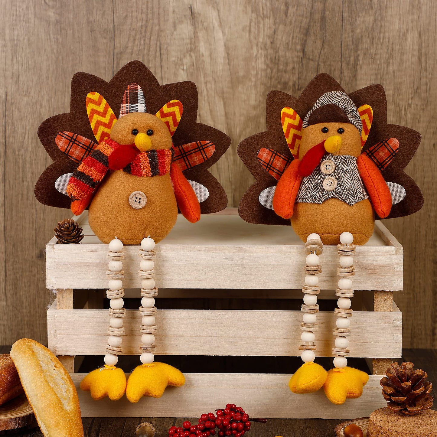 Biswing Thanksgiving Decoration Tabletop Standing Turkey Couple with Dangling Legs, 2 Pack Plush Stuffed Turkeys Shelf Sitters Figurine Gift for Autumn Fall Harvest Halloween Home Table Decorations