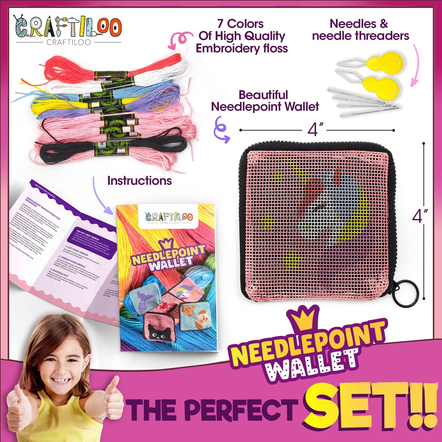 Pre Printed Needlepoint Wallet Kit for Kids Embroidery Arts and Crafts Set Cross Stitch Sewing Latch Hook Kit (Unicorn)
