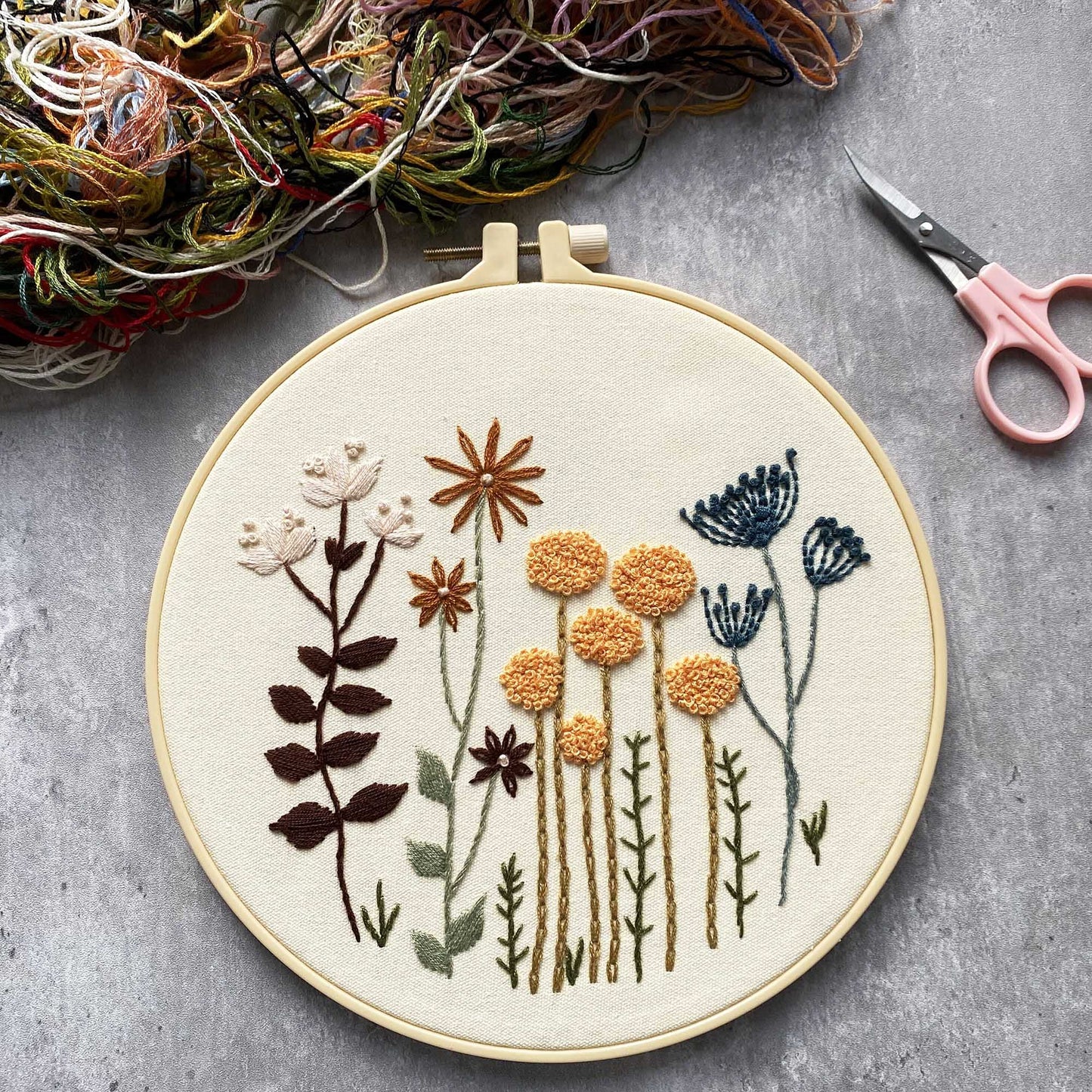 Harimau 3 Pack Embroidery Kit for Beginners , Floral Plant Pattern,Cross Stitch Kits Set , Including Stamped Embroidery Cloth with 3 Embroidery Hoops, Color Threads and Tools (Flower)