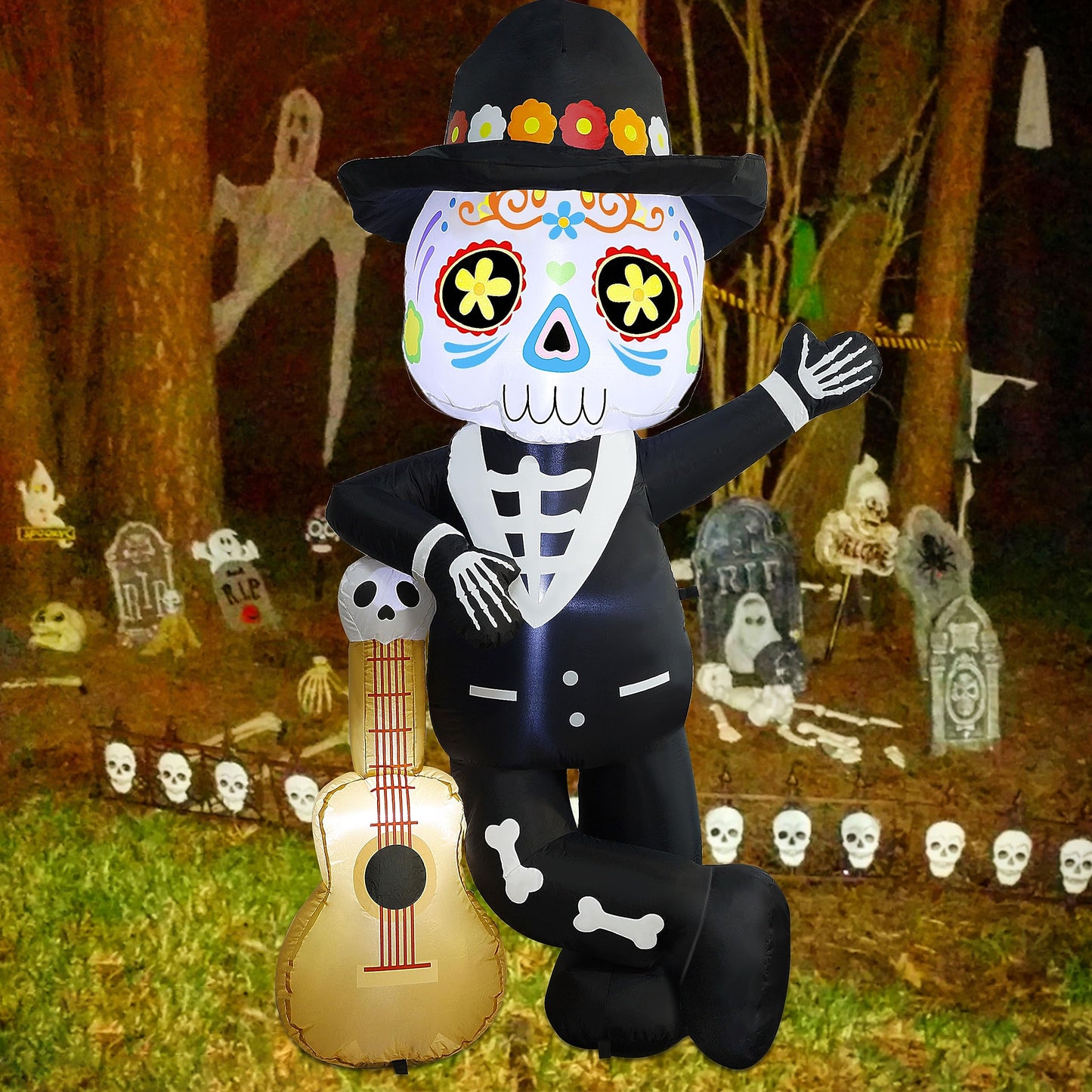 Joliyoou 6FT Halloween Inflatable Decoration, Lighted Blow Up Skeleton with A Guitar, Plug-In Holiday Indoor Outdoor Standing Decor for Spooky Party Day of the Dead (Skeleton Leaning Against A Guitar)