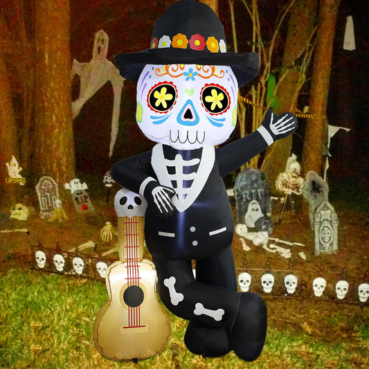 Joliyoou 6FT Halloween Inflatable Decoration, Lighted Blow Up Skeleton with A Guitar, Plug-In Holiday Indoor Outdoor Standing Decor for Spooky Party Day of the Dead (Skeleton Leaning Against A Guitar)