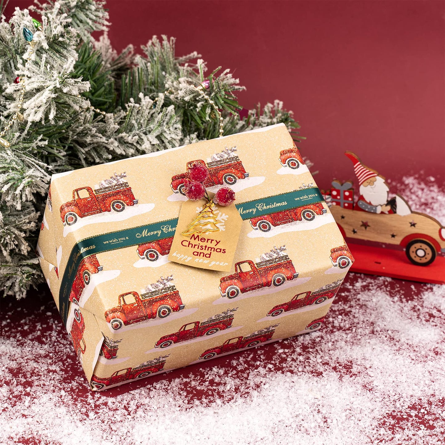 Christmas Wrapping Paper, Kraft Paper - Snowflake, Snowman, Red Truck and Christmas Tree - 4 Rolls - 30 inches x 10 feet per Roll