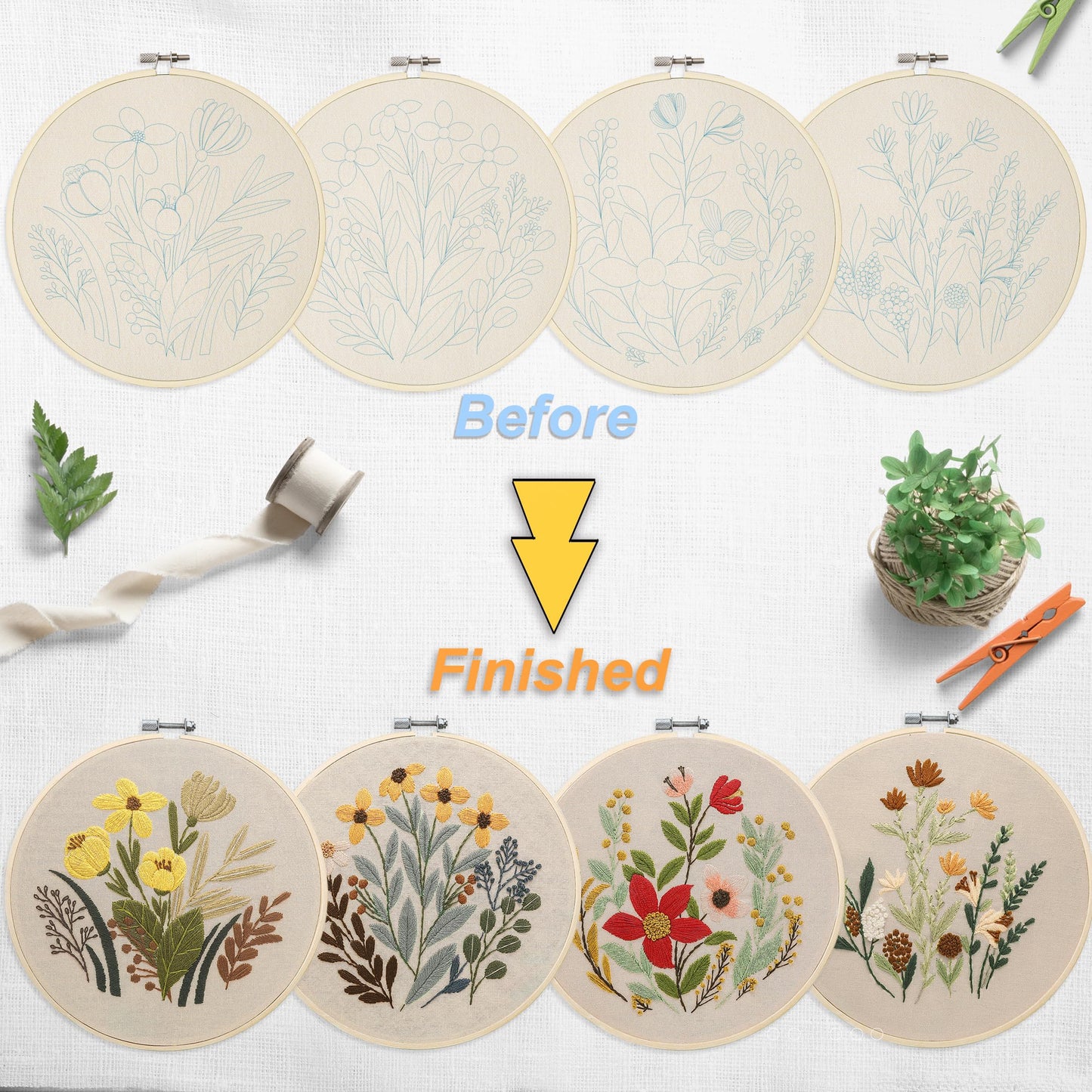 4 Sets Embroidery Set for Beginners, Art Craft, Easy Sewing, Includes Embroidery Clothing, Pattern, Embroidery Hoop, Instruction Manual, Colorful Thread Stitch Set (11)