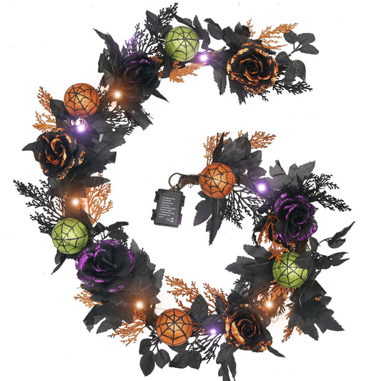 Valery Madelyn Halloween Garland with Lights, 6 Feet Pre-Lit Orange Purple Roses Black Maple Leaves Green Ball Ornaments Garland Decorations for Indoor Table Centerpiece Mantle Party Holiday Decor