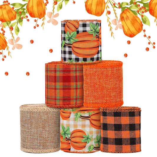 6 Rolls 30 Yards Fall Burlap Ribbon,2.5″W Buffalo Plaid Wired Edge Ribbon with Pumpkin Pattern Thanksgiving Theme Craft Ribbons Rustic Autumn Harvest Ribbons for Wrapping Gifts Making Wreath Bow