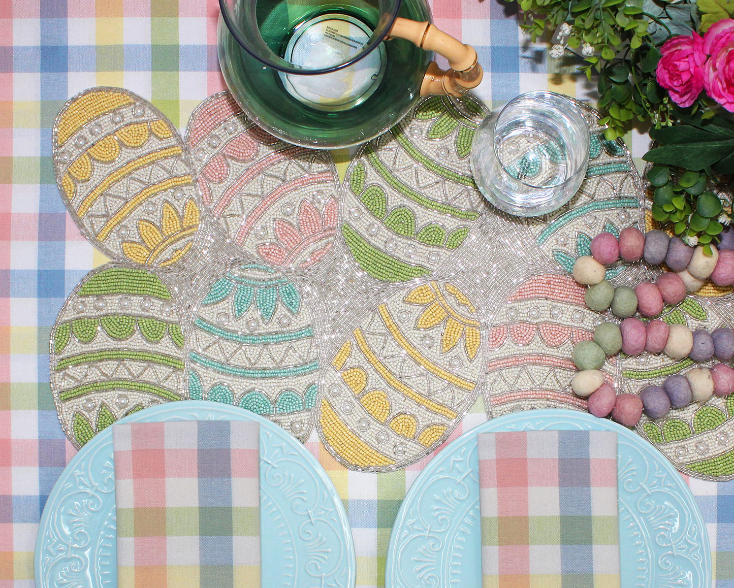 Happy Hunting Handmade Beaded Table Runner - Spring Easter Eggs Bunny Rabbit - Luncheon Dinner Celebration Festive Party Tabletop Décor Tablerunner - 13x36 - Aqua Multi