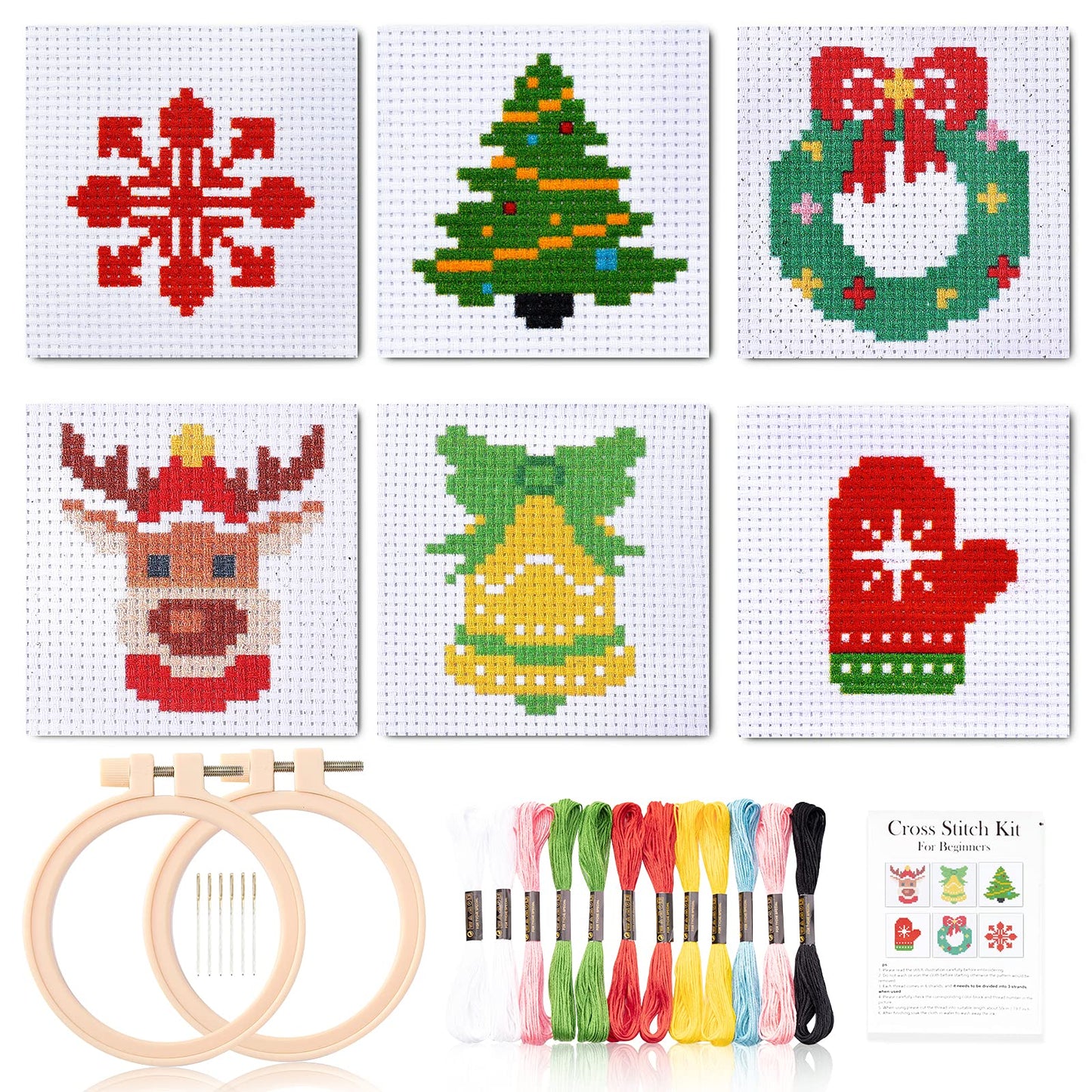 Pllieay Christmas Cross Stitch Beginner Kits for Kids 7-13, Includes 6pcs Project Cross Stitch Pattern and 2pcs Hoops, 14 Skeins Embroidery Floss, Needle Point Starter Kit Sewing Set with Instructions