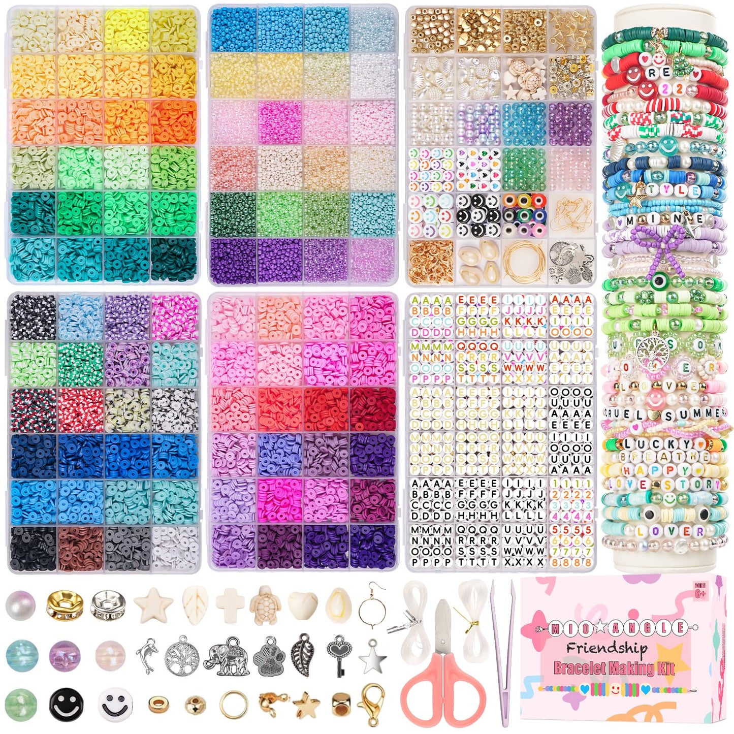 Mio Angle Friendship Bracelet Making Kit 6 Box 9000PCS Clay Beads 5000PCS Glass Seed Beads Jewelry Making Kit Letter Beads Charms Pearl Cute Chams Holiday Gifts for Girls Adults