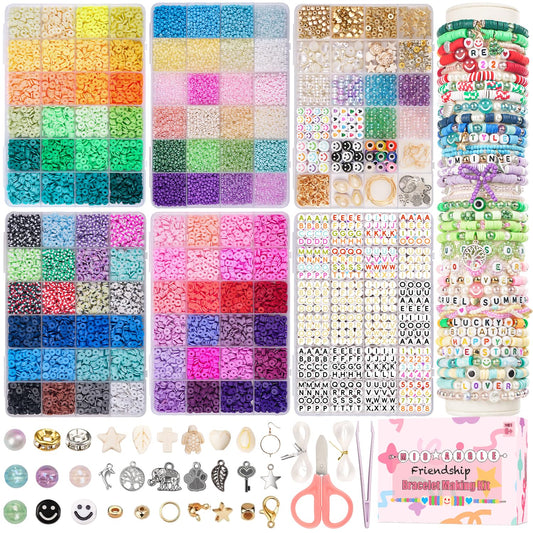 Mio Angle Friendship Bracelet Making Kit 6 Box 9000PCS Clay Beads 5000PCS Glass Seed Beads Jewelry Making Kit Letter Beads Charms Pearl Cute Chams Holiday Gifts for Girls Adults