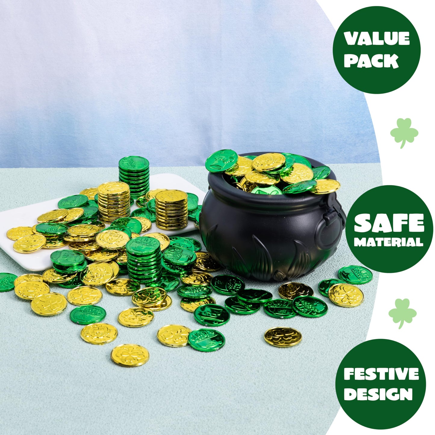 208 St Patrick’s Day Lucky Leprechaun Plastic Coins and 1 Large Black Cauldron with Handle Pot of Gold Party Supplies, St Patrick Decorations Party Favors