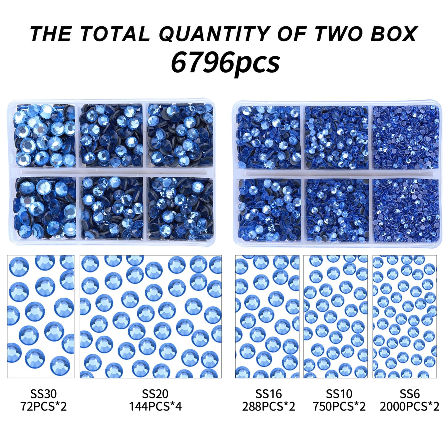 MEIBITE 6796PCS Light Blue Hotfix Rhinestones Crystal Stones Glass for Fabric Clothes Shirts Sparkly Flat Back Round with Tweezers and Picking Pen (SS6~SS30 Set)