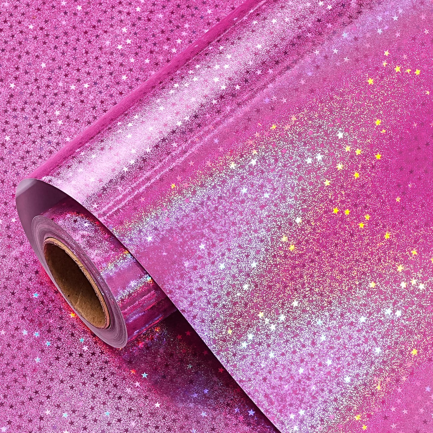 Pink Wrapping Paper Roll - Mini Roll - 17 Inch x 16.5 Feet - Metallic Holographic Star Wrapping Paper for Birthday, Wedding, Baby Shower, Bridal Shower, Christmas