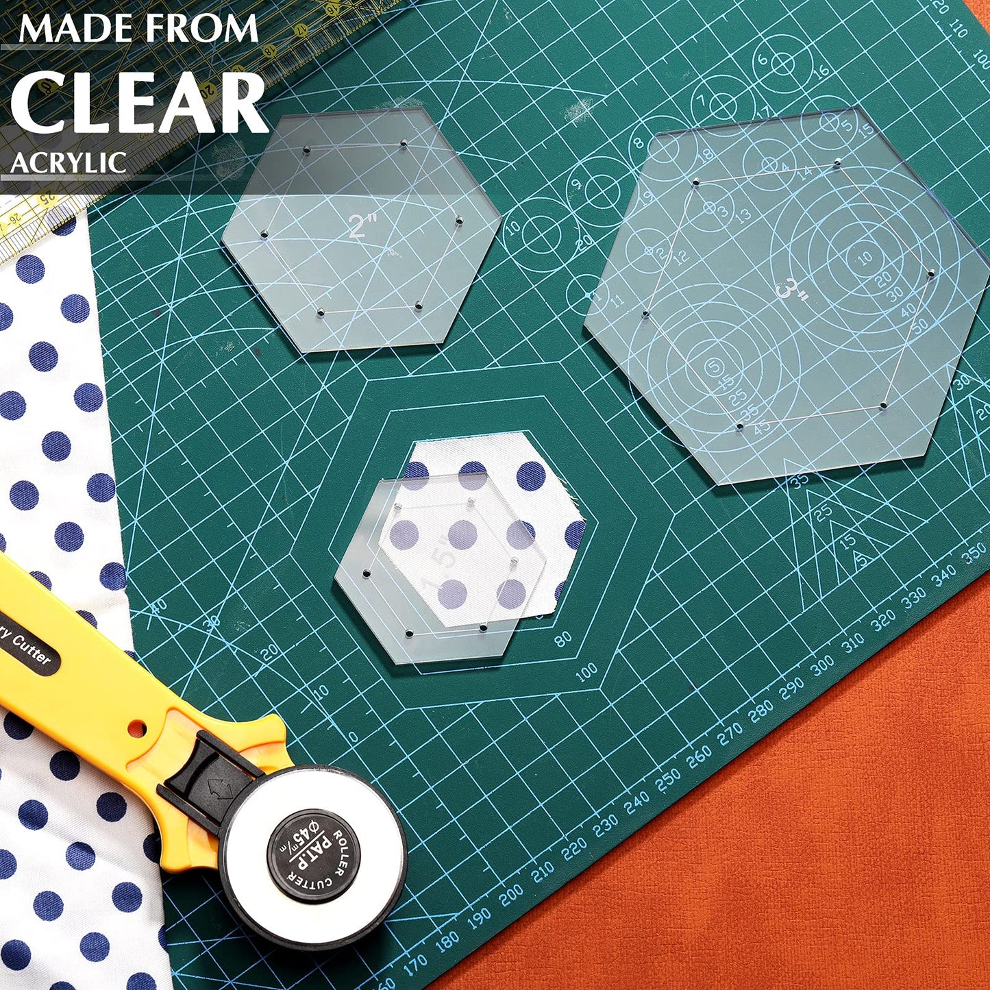 Weewooday 6 Pieces Hexagon Quilting Templates 1 Inch, 1.5 Inch, 2 Inch, 3 Inch, 4 Inch, 5 Inch with 1/4 Inch Seam Allowance, Acrylic Quilting Templates for DIY Quilting Sewing Crafts