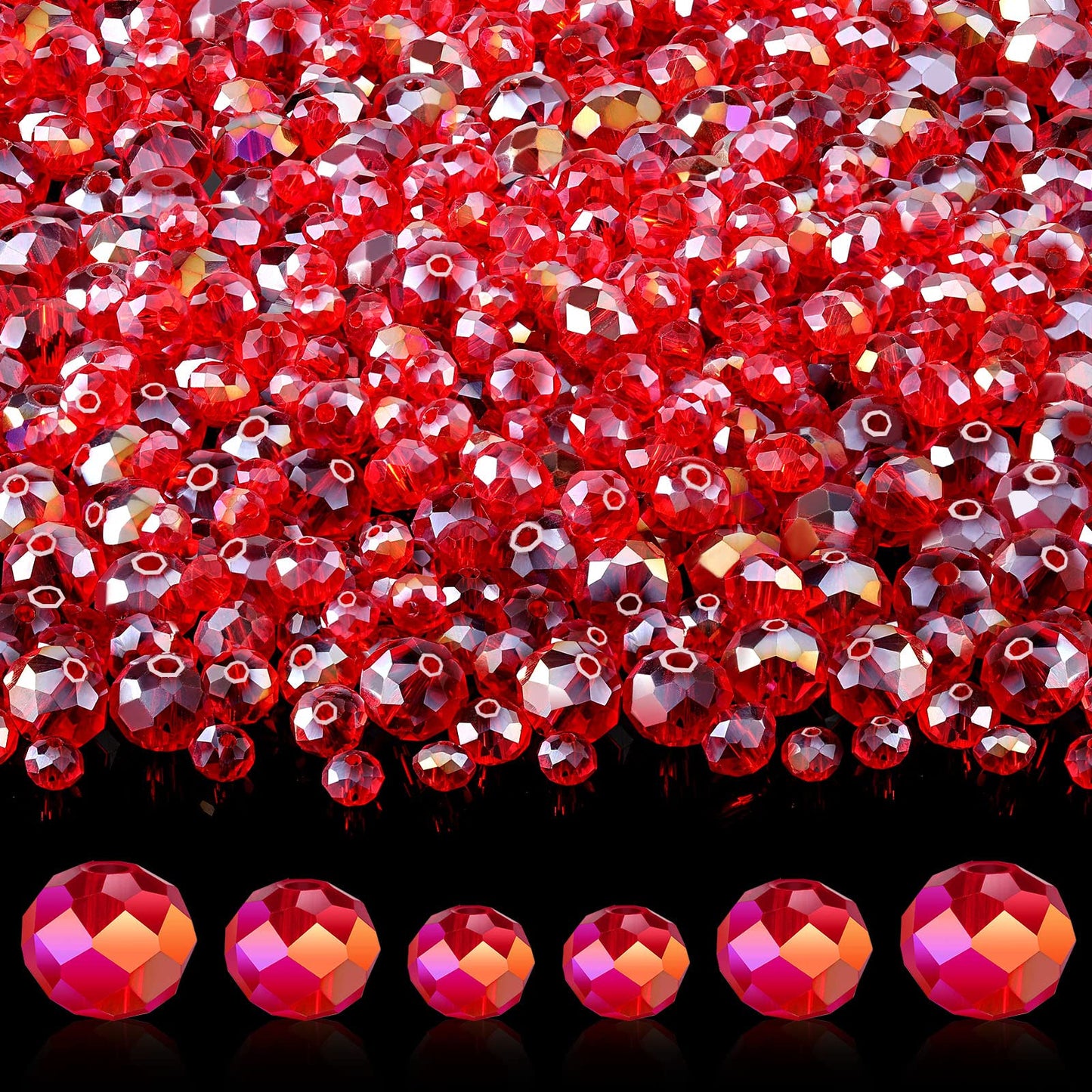 600 Pcs Crystal Glass Beads for Jewelry Making Bulk Faceted Gemstone Rondelle Loose Beads for Bracelet DIY Crafts 8 mm, 6 mm, 4 mm(Red AB Color)