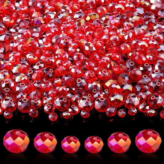 600 Pcs Crystal Glass Beads for Jewelry Making Bulk Faceted Gemstone Rondelle Loose Beads for Bracelet DIY Crafts 8 mm, 6 mm, 4 mm(Red AB Color)