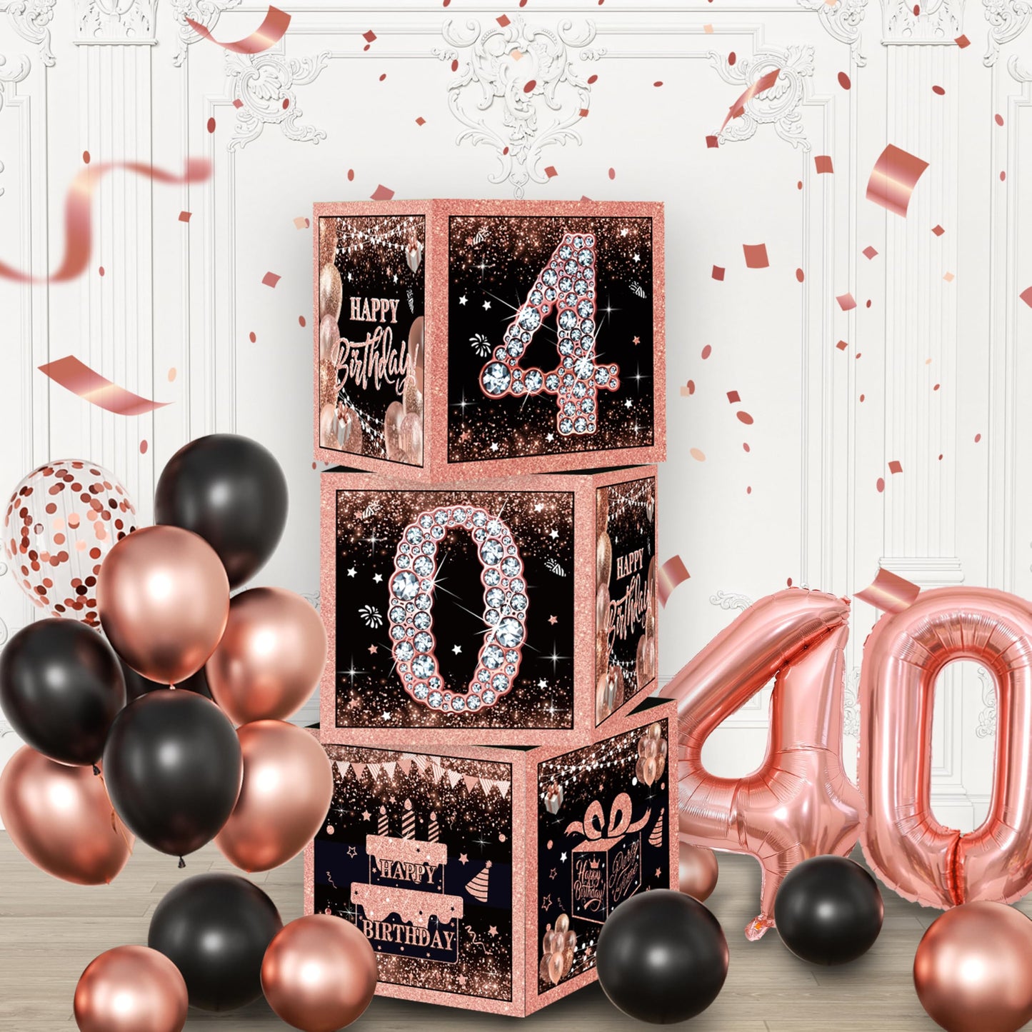 Rose Gold 40th Birthday Decorations for Women - Fabulous 40 Birthday Party Supplies Include 3pcs Balloon Boxes, Number 40 Foil Balloons, Fringe Curtains, Black Pink Garland Arch Kit - Photo Backdrop