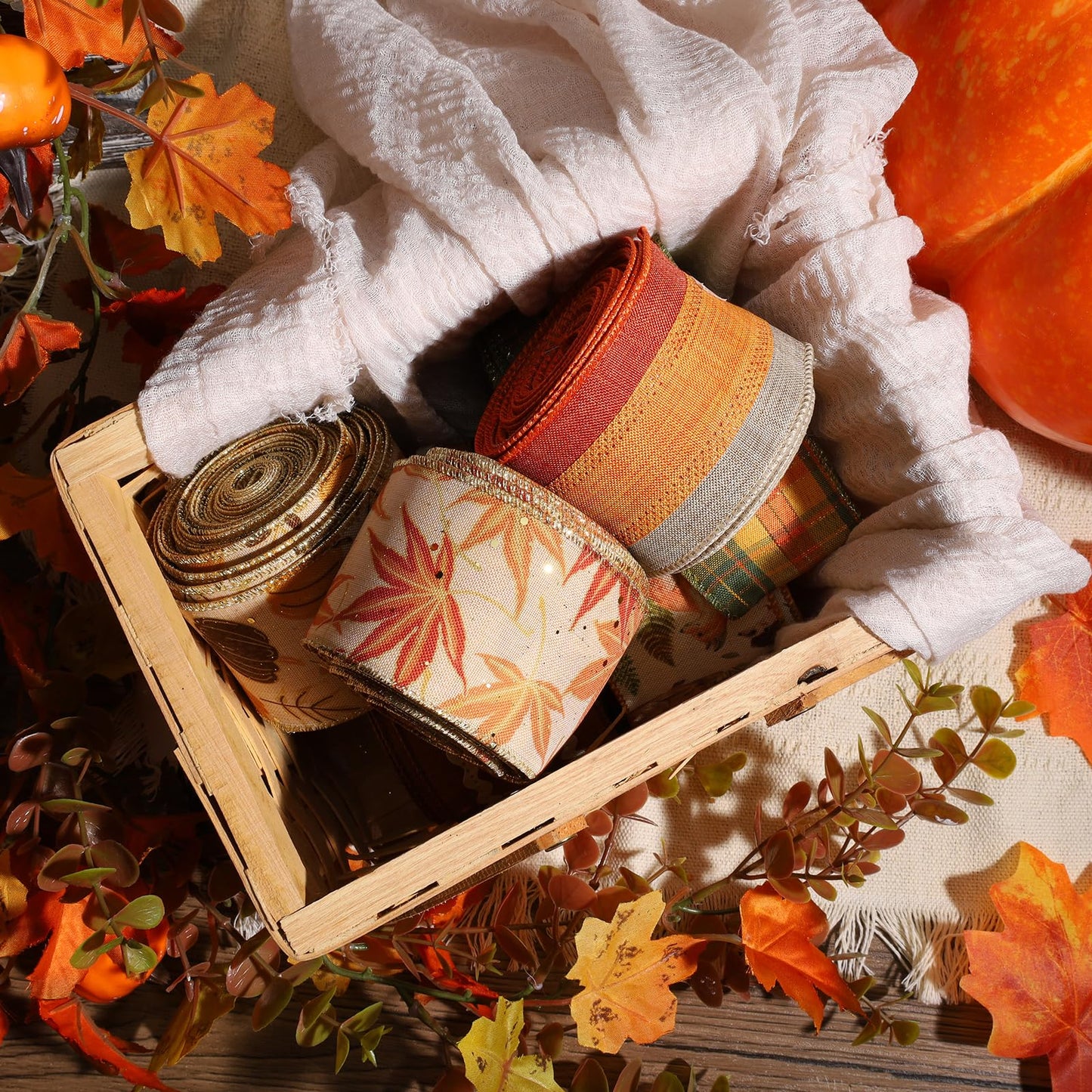 LaRibbons Fall Burlap Ribbon Wired 2 1/2" x 10 Yards 2 Rolls, Maple Leave Striped Ribbon for Autumn Wreath Thanksgiving Farm Gift Wrapping Home Decor