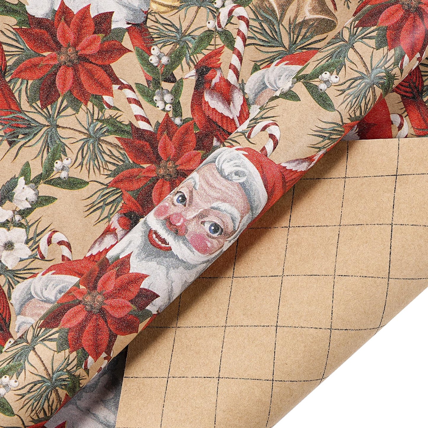 Kraft Christmas Wrapping Paper Set, Jumbo Roll, Vintage Santa, Bird, Poinsettia,and Gold Snowflake Plaid Design, Kraft Gift Wrap for Christmas, Holiday, 4 Rolls, 30 Inches x 10 Feet per Roll