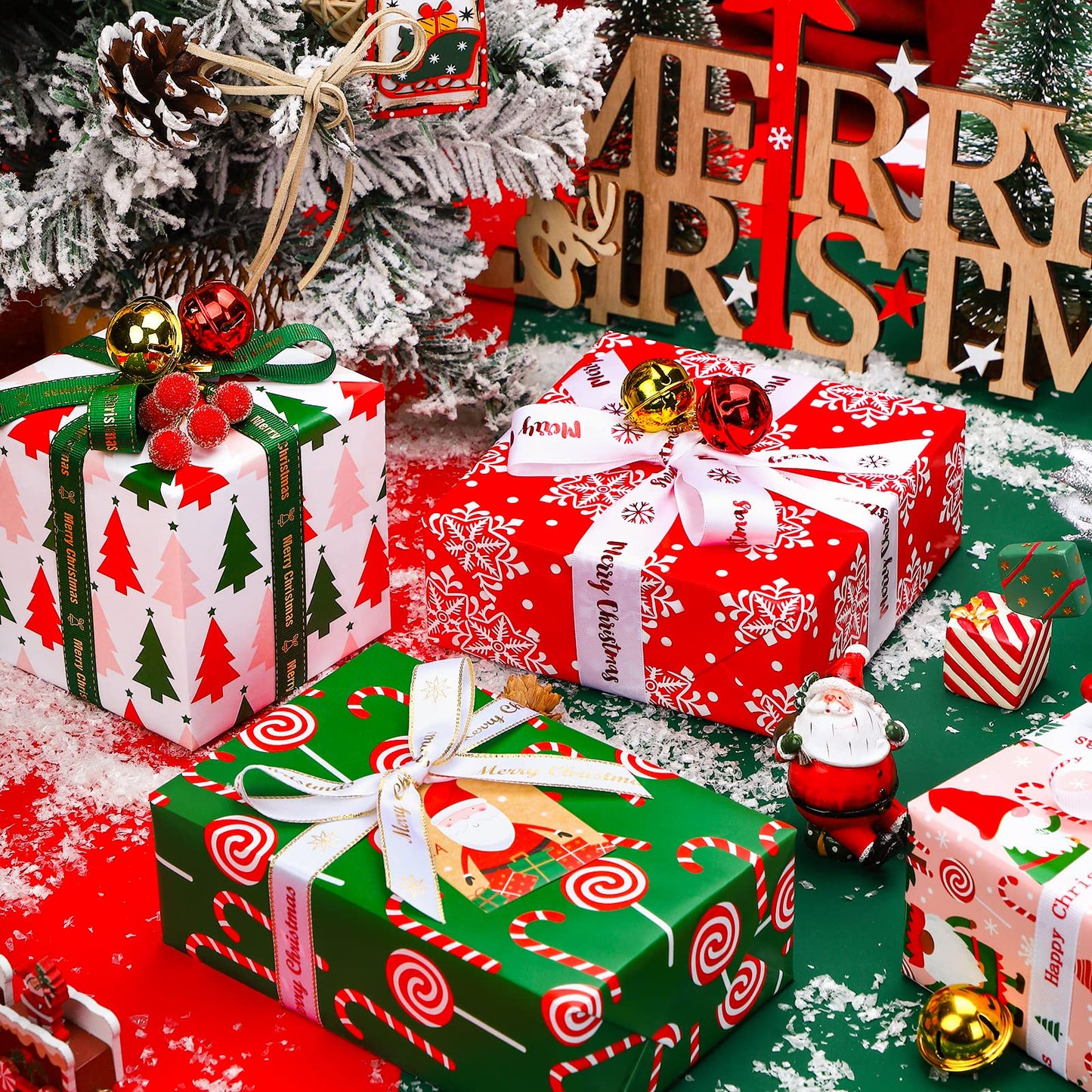 30 Inch Christmas Wrapping Paper Roll - Jumbo Roll Red, Green and Pink Christmas Gnome Elf Holiday Collection - 4 Rolls - 30 Inch x 120 Inch Per Roll
