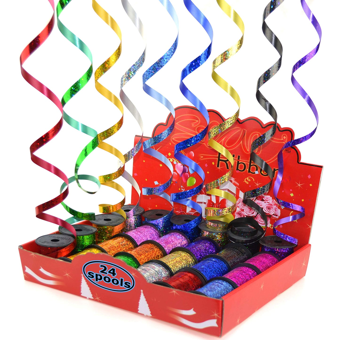 Star 3/16" and 3/8" Holographic Sparkles Curling Ribbon in 12 Colors | 24 Spools in Products Display Quickly | Sparkly Ribbon Great for Gift Wrap and Balloon String