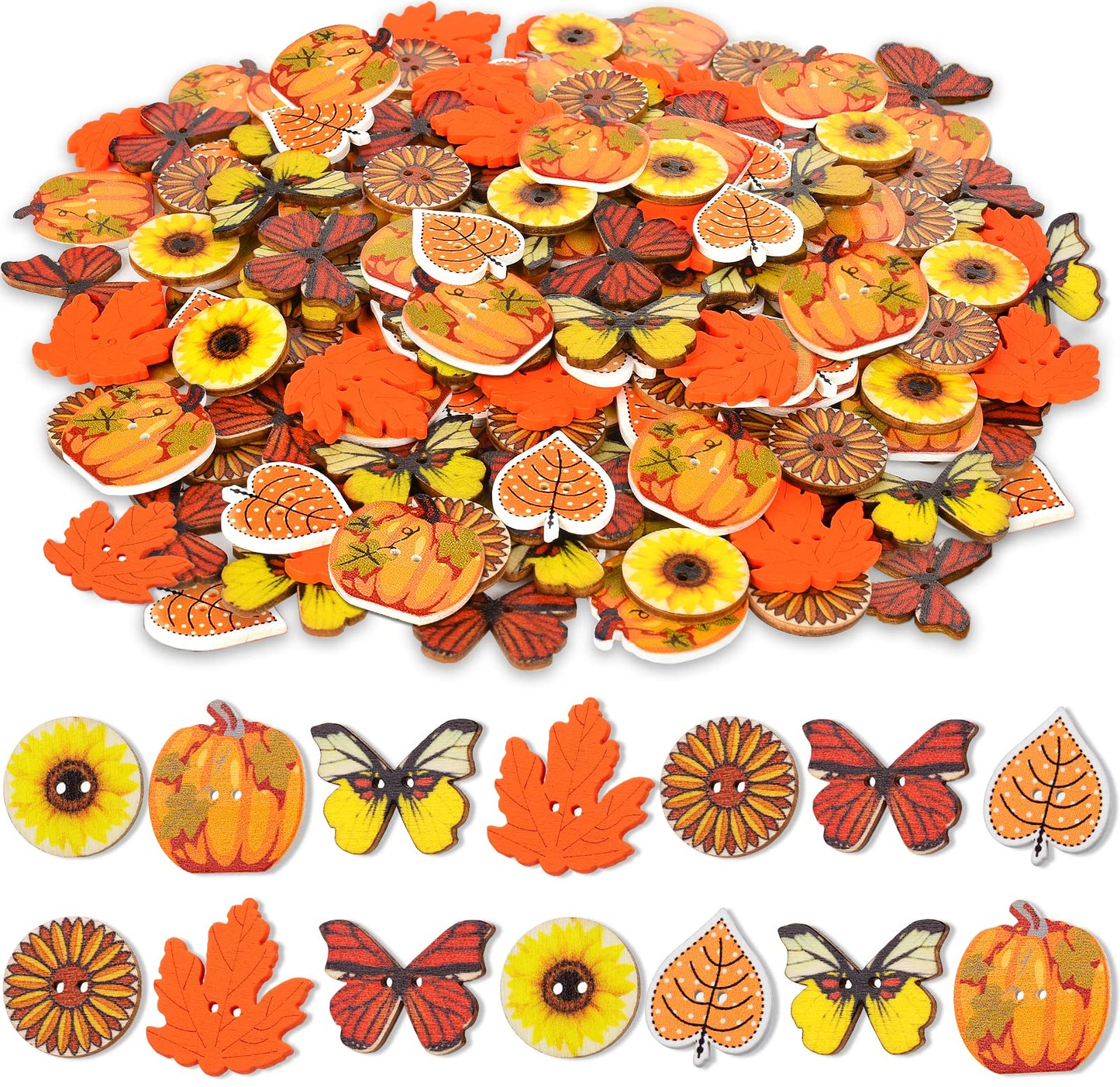 200 Pcs Thanksgiving Buttons for Crafts - Fall Pumpkins Sunflowers Shaped Thanksgiving Day Wooden Orange Buttons for Sewing Clothes Accessories Scrapbooking DIY Decorative Embellishments 1In