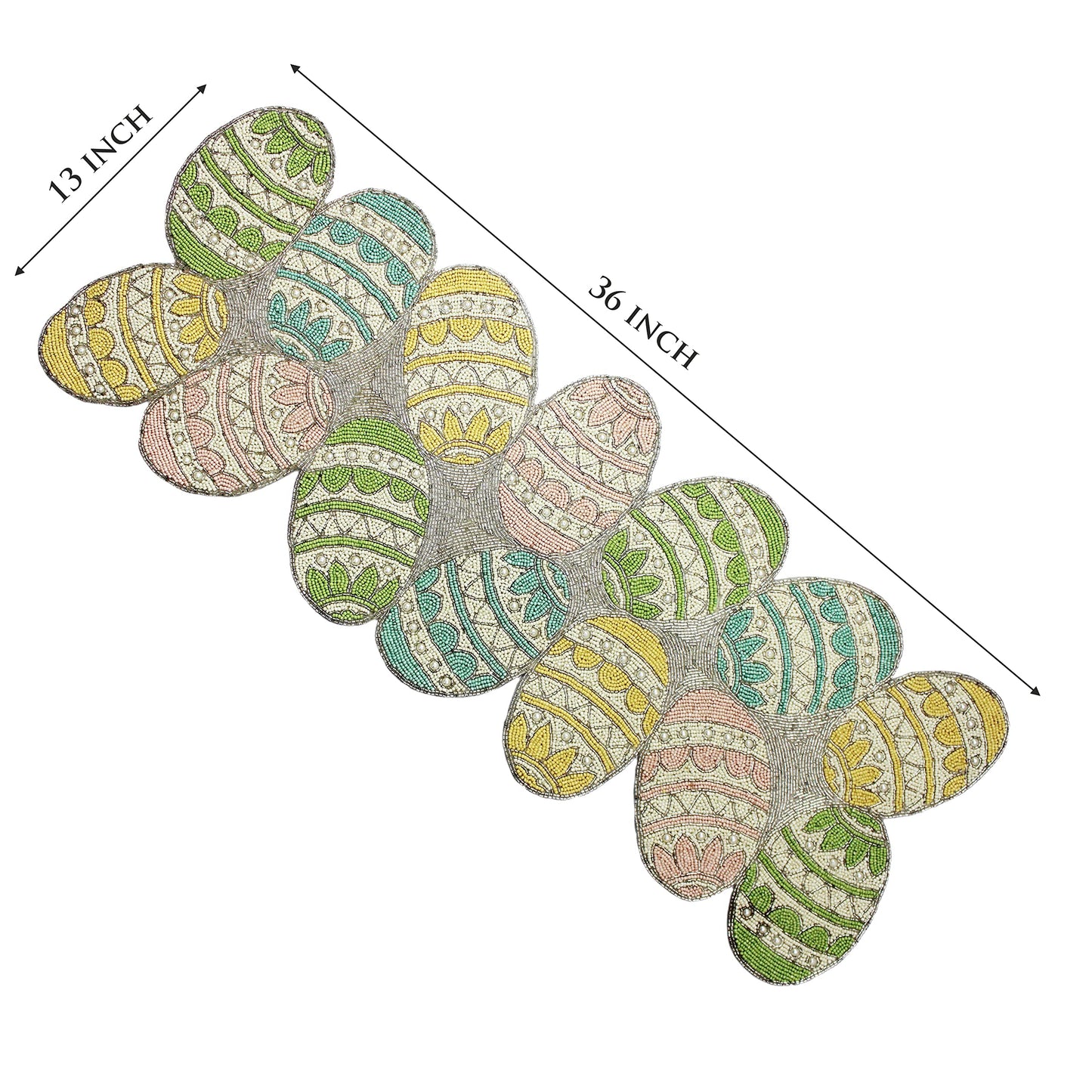 Happy Hunting Handmade Beaded Table Runner - Spring Easter Eggs Bunny Rabbit - Luncheon Dinner Celebration Festive Party Tabletop Décor Tablerunner - 13x36 - Aqua Multi