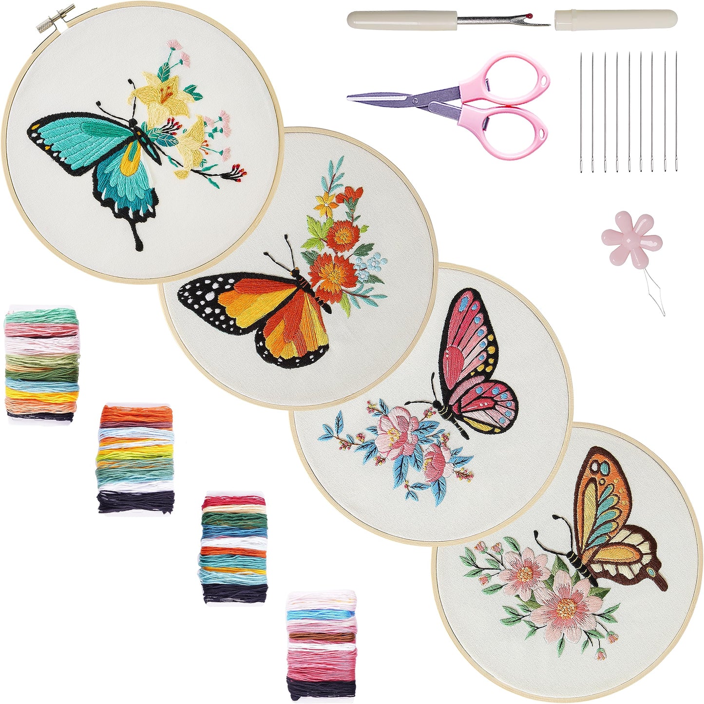 4 Sets Embroidery Set for Beginners, Art Craft, Easy Sewing, Includes Embroidery Clothing, Pattern, Embroidery Hoop, Instruction Manual, Colorful Thread Needles Set (Butterfly)