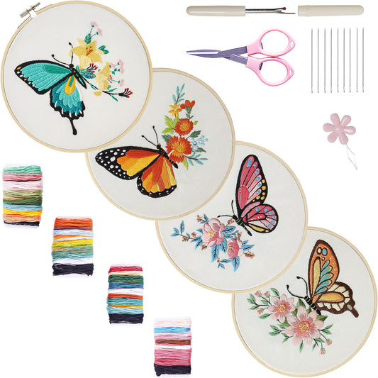 4 Sets Embroidery Set for Beginners, Art Craft, Easy Sewing, Includes Embroidery Clothing, Pattern, Embroidery Hoop, Instruction Manual, Colorful Thread Needles Set (Butterfly)