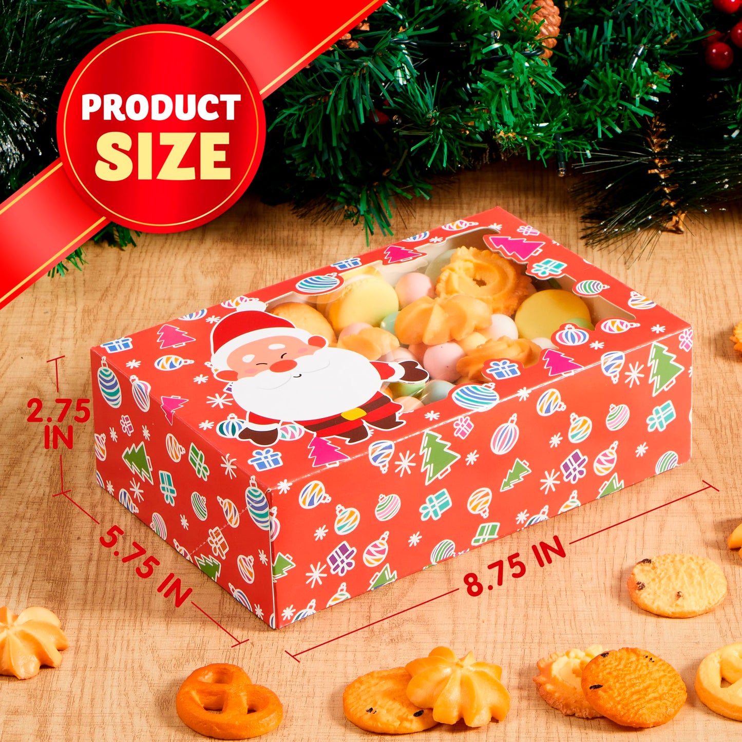 24 PCS Christmas Foil Treats Cookie Gift Boxes (8.75" x 5.75" x 2.75") Colorful Pattern Bakery Box with Window for Xmas Holiday Birthday Party Pastries, Cupcakes, Brownies, Donuts Gift-Giving