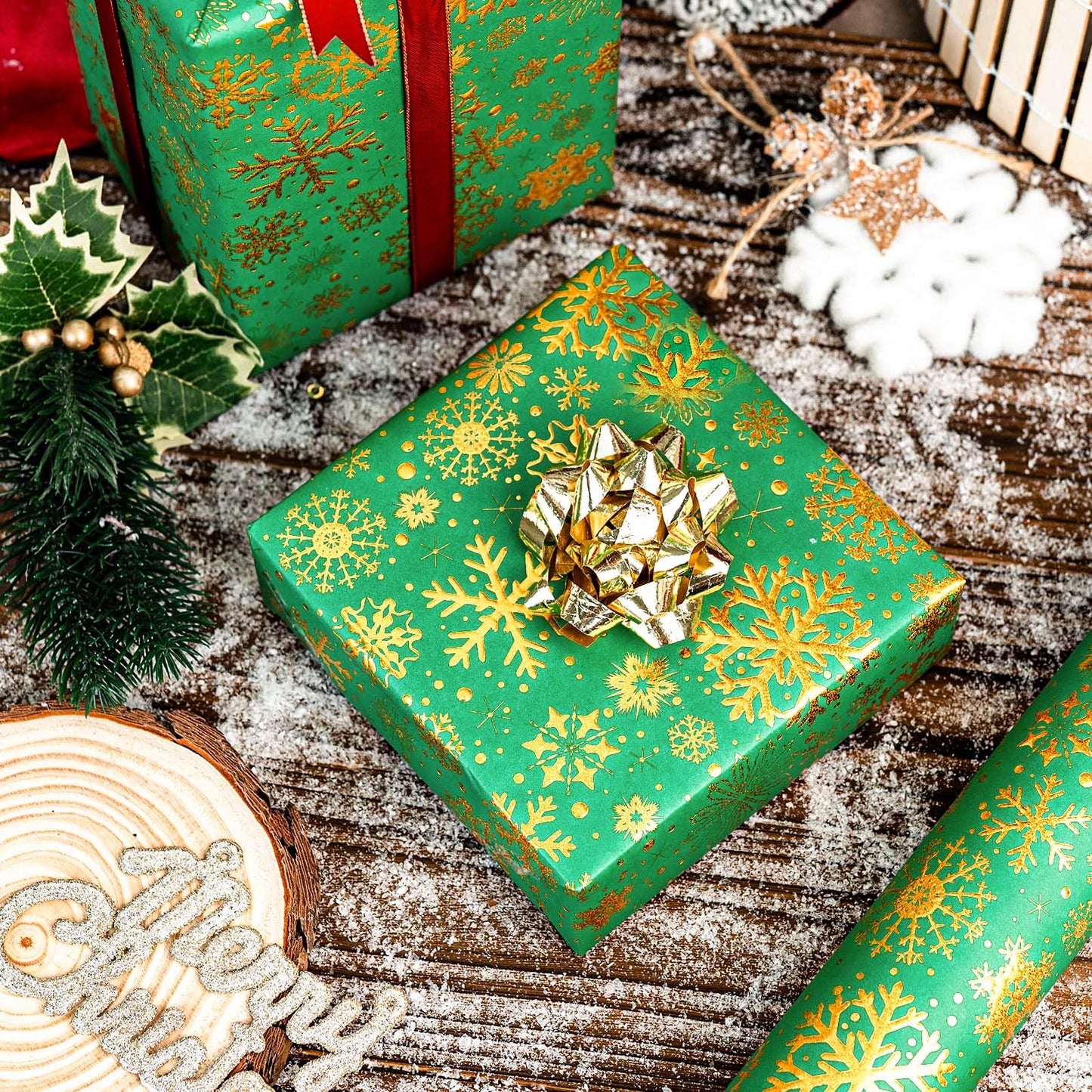 Kraft Christmas Green Wrapping Paper,Gold Luxury Snowflake Metallic Gold Embossed Foil Gift Wrap Roll Design for Holiday, Party,Celebration, New Year (17 Inch X 32.8 Feet)