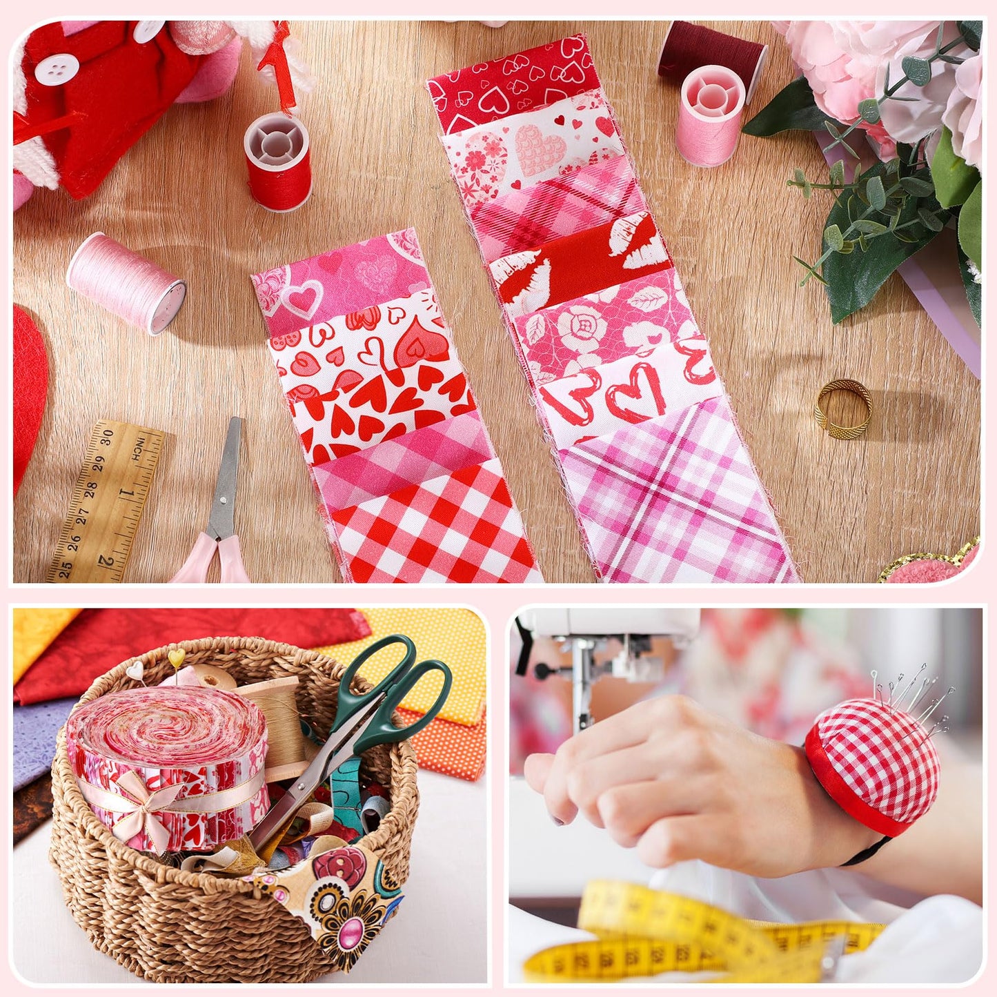 60 Pcs Cotton Jelly Valentine's Day Fabric Roll Heart Fabric Strips Valentine's Day Quilting Roll for Quilting Cloth Patchwork Sewing DIY Craft, 12 Styles