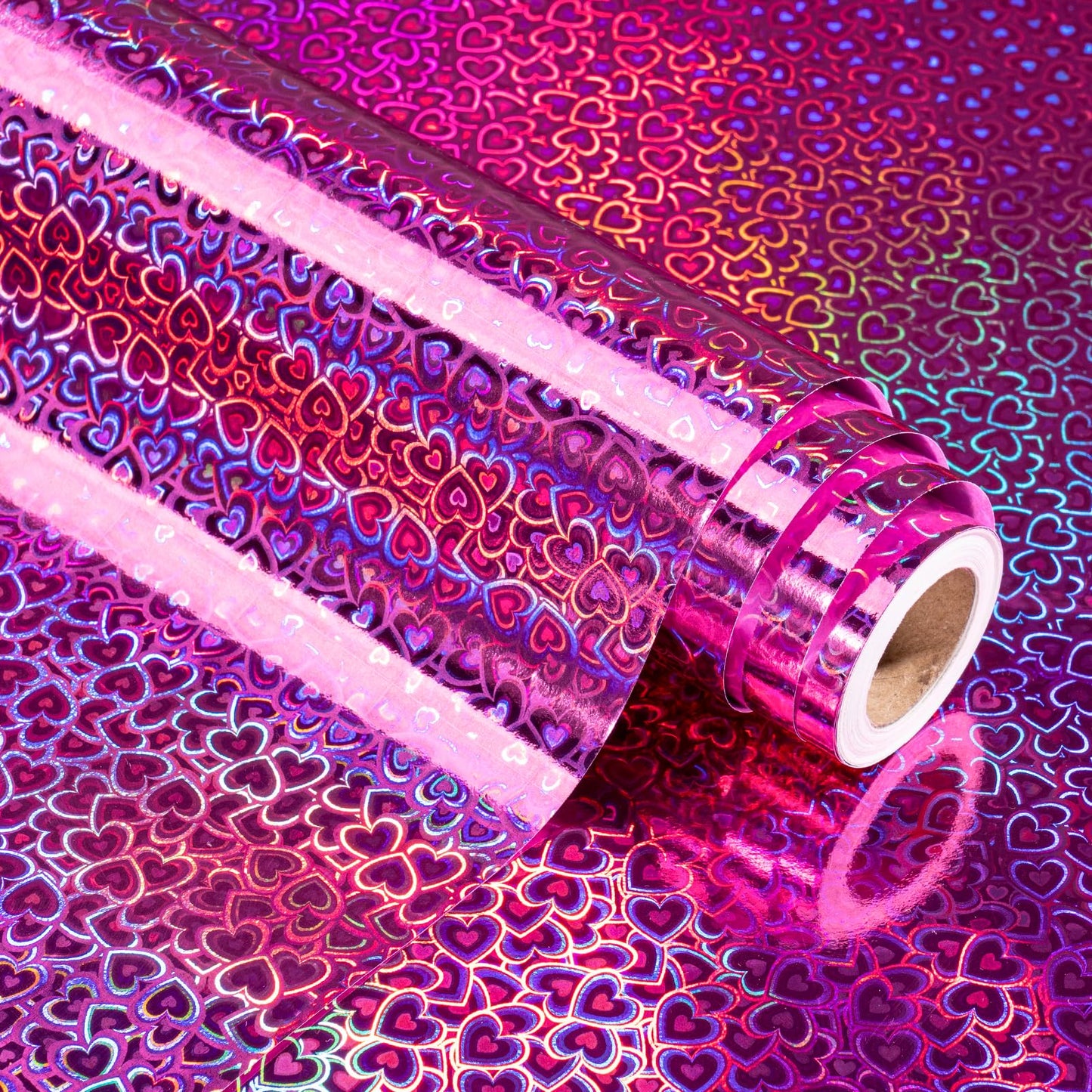 Heart Wrapping Paper Roll - Mini Roll - 17 Inch x 16.5 Feet - Hot Pink Little Heart Metallic Holographic Wrapping Paper for Valentines Day, Birthday, Wedding, Baby Shower, Bridal Shower