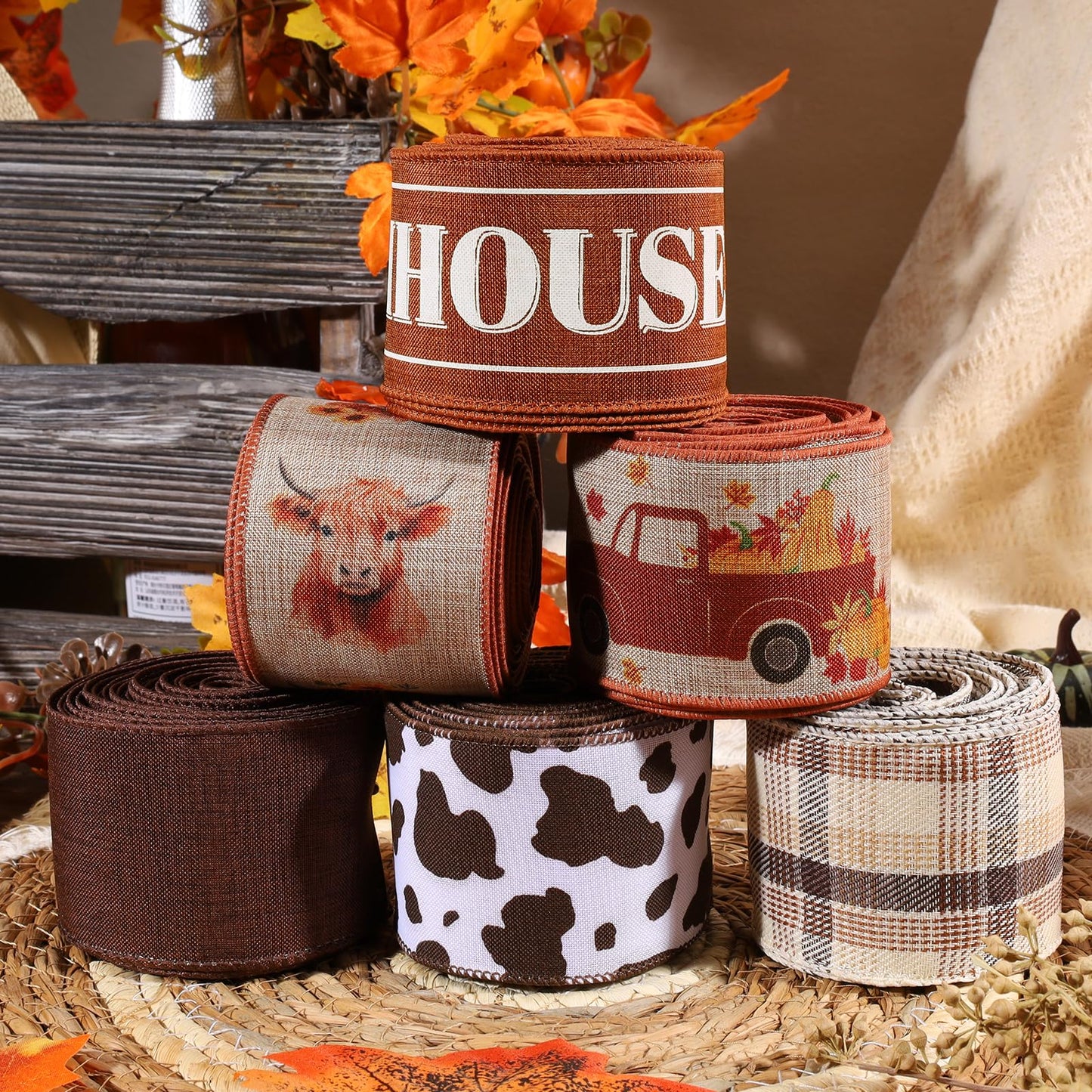 Fall Burlap Plaid Ribbon Wired 2 1/2" x 6 Yards 6 Rolls, Harvest Farm Ribbon for Autumn Wreath Thanksgiving Christmas Farm Gift Wrapping Home Decor