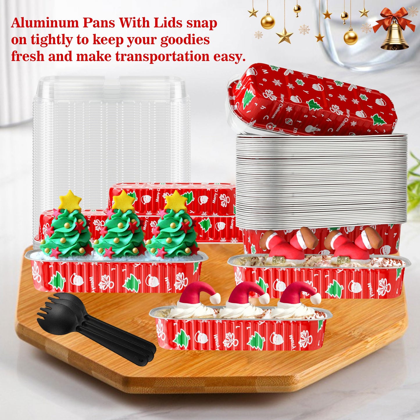 Cupcake Liners with Lids, 50PCS 6.8OZ Disposable Mini Cake Pans Disposable Aluminum Foil Baking Cups with Lids Aluminum Loaf Pans for Brithday,Red Christmas