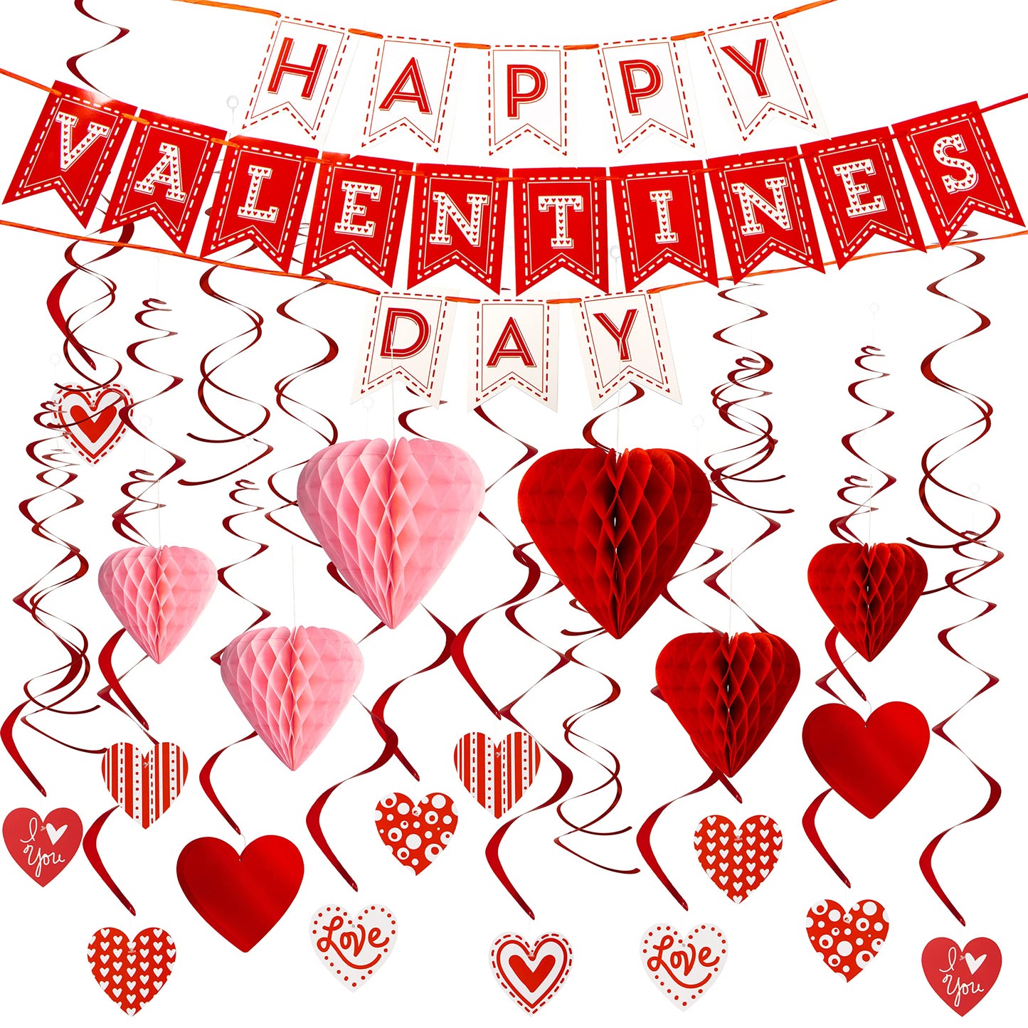 JOYIN 31 Pcs Valentines Day Swirl String Cutout,Decoration Kit with Banner, Garland, Foil Swirls, Hanging Swirls with Heart Pendant,Heart Honeycombs for Valentines Party, Wedding ,Anniversary