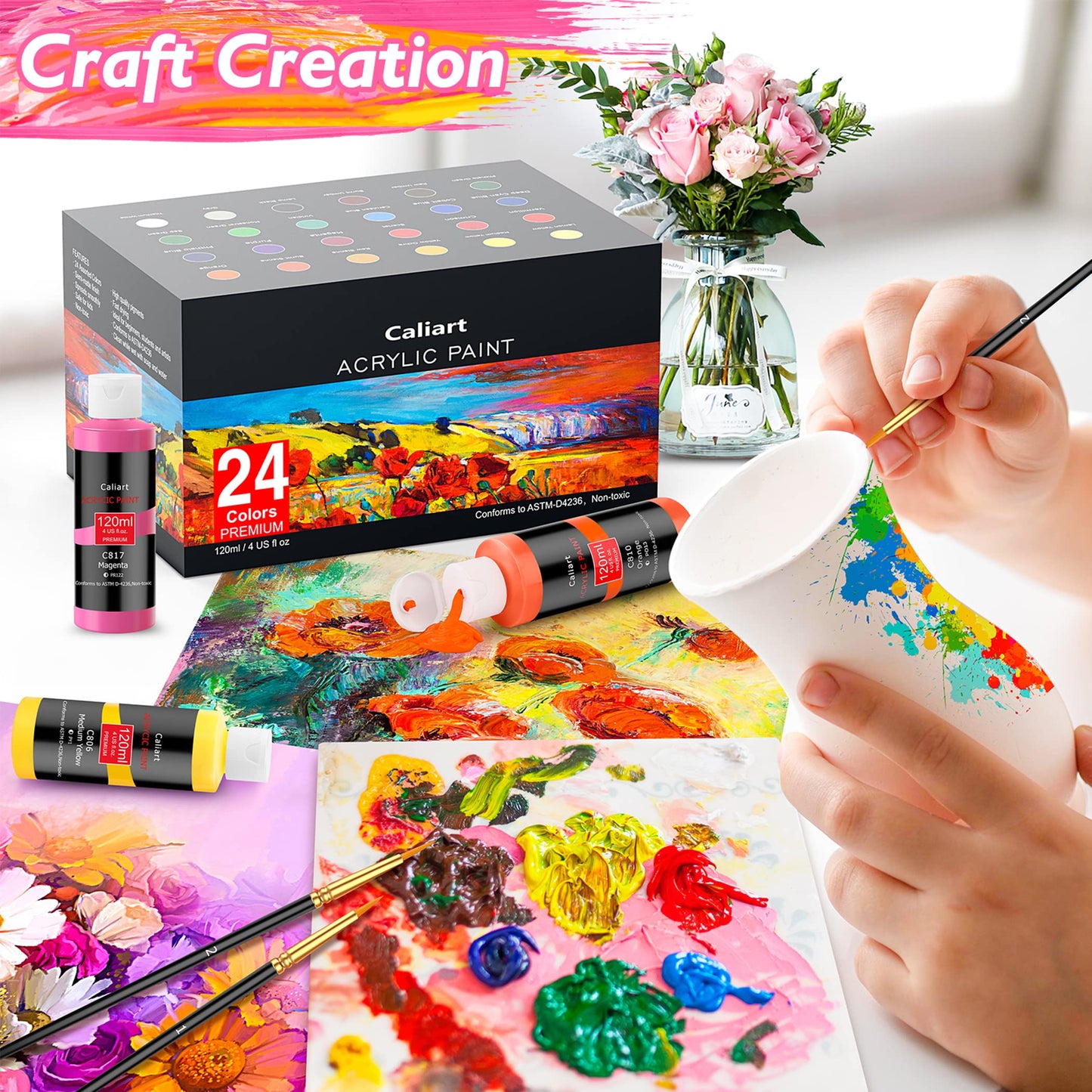 Acrylic Paint Set with 12 Brushes, 24 Colors (120ml, 4oz) Art Craft Paints for Artists Kids Students Beginners & Painters, Canvas Ceramic Wood Rock Painting Art Supplies Kit