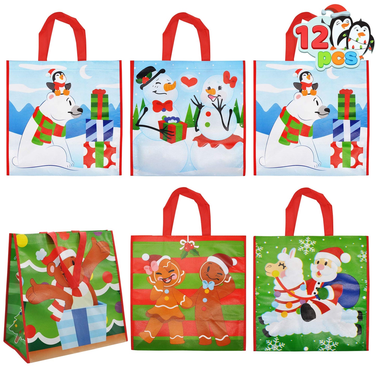 12 Christmas Extra-Large Gift Bags 13.75"x8"x14", Reusable Non-Woven Tote Bag With Handles for Xmas Wrapping Holiday Party Favors, Grocery Shopping