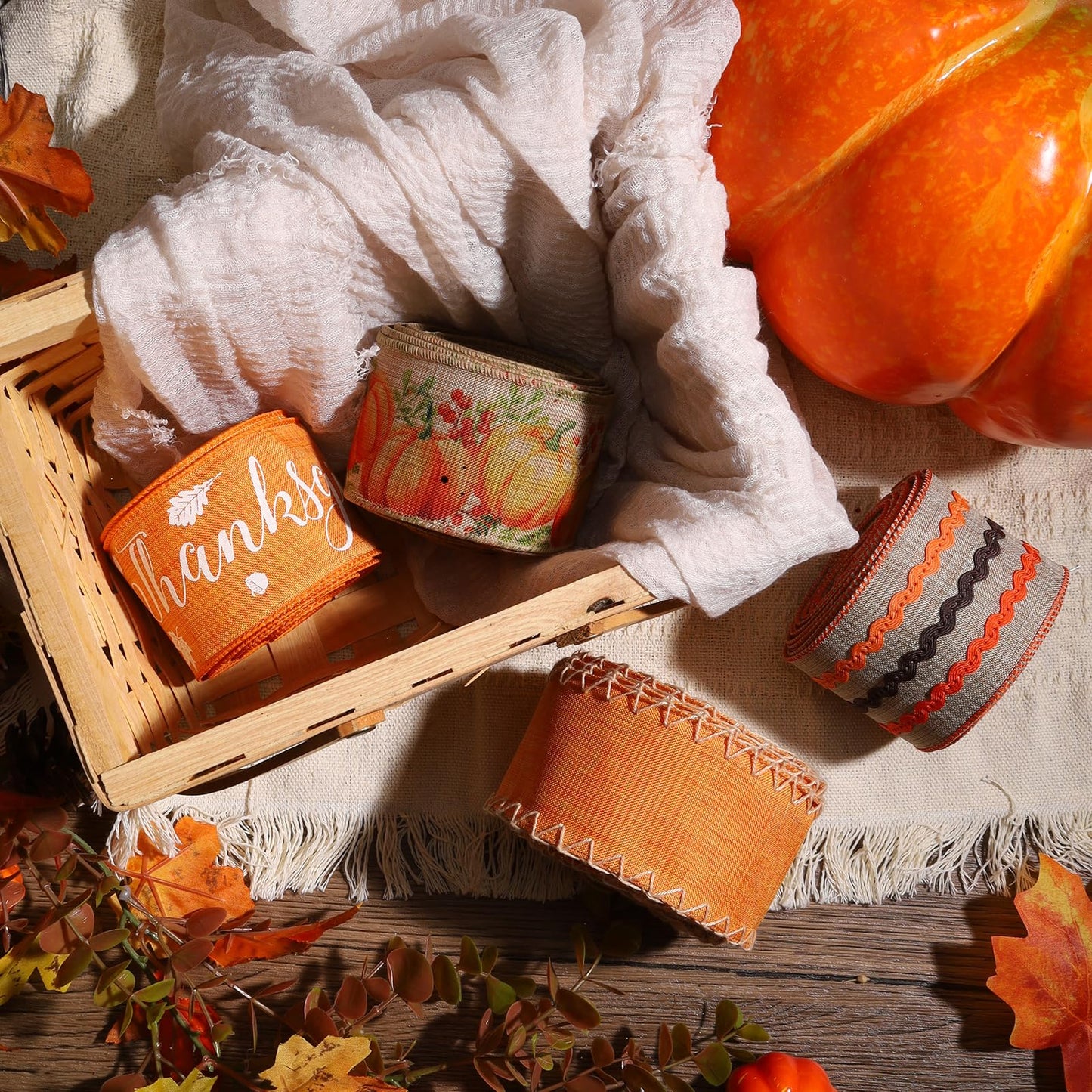 LaRibbons Fall Burlap Plaid Ribbon Wired 2 1/2" x 6 Yards 4 Rolls, Harvest Pumpkins Ribbon for Autumn Wreath Thanksgiving Christmas Farm Gift Wrapping Home Decor