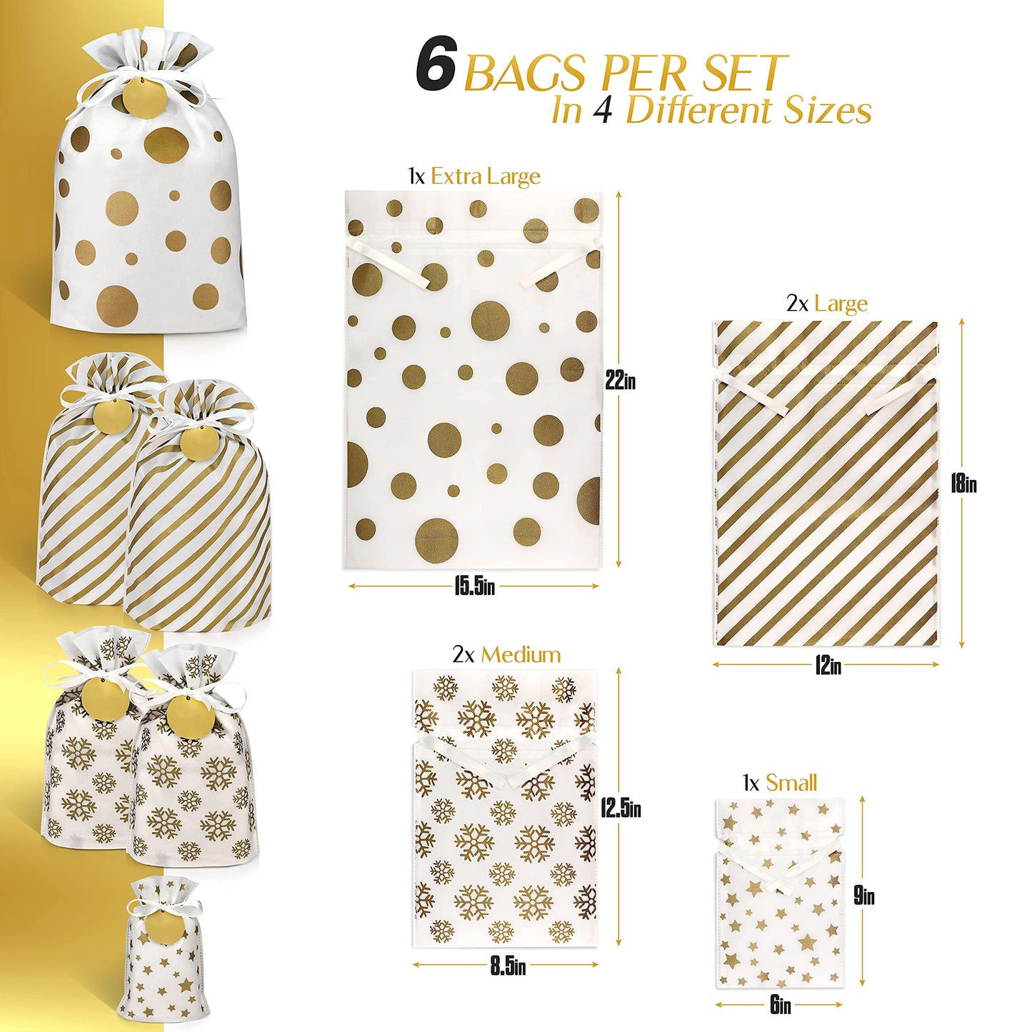 Fabric Gift Bags for Presents - 6 Pcs Reusable Bags with Drawstring, Large Gift Bags for Christmas, Assorted Sizes (Gold)