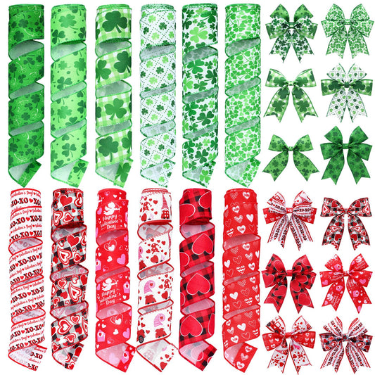 12 Rolls Valentine's Day Wired Edge Ribbon for Wreaths 2 Inch x 60 Yards Red Pink Heart Gnome Truck Print Grosgrain Ribbon Shamrock Clover Crafts for St Patricks Day Party Supplies 12 Styles